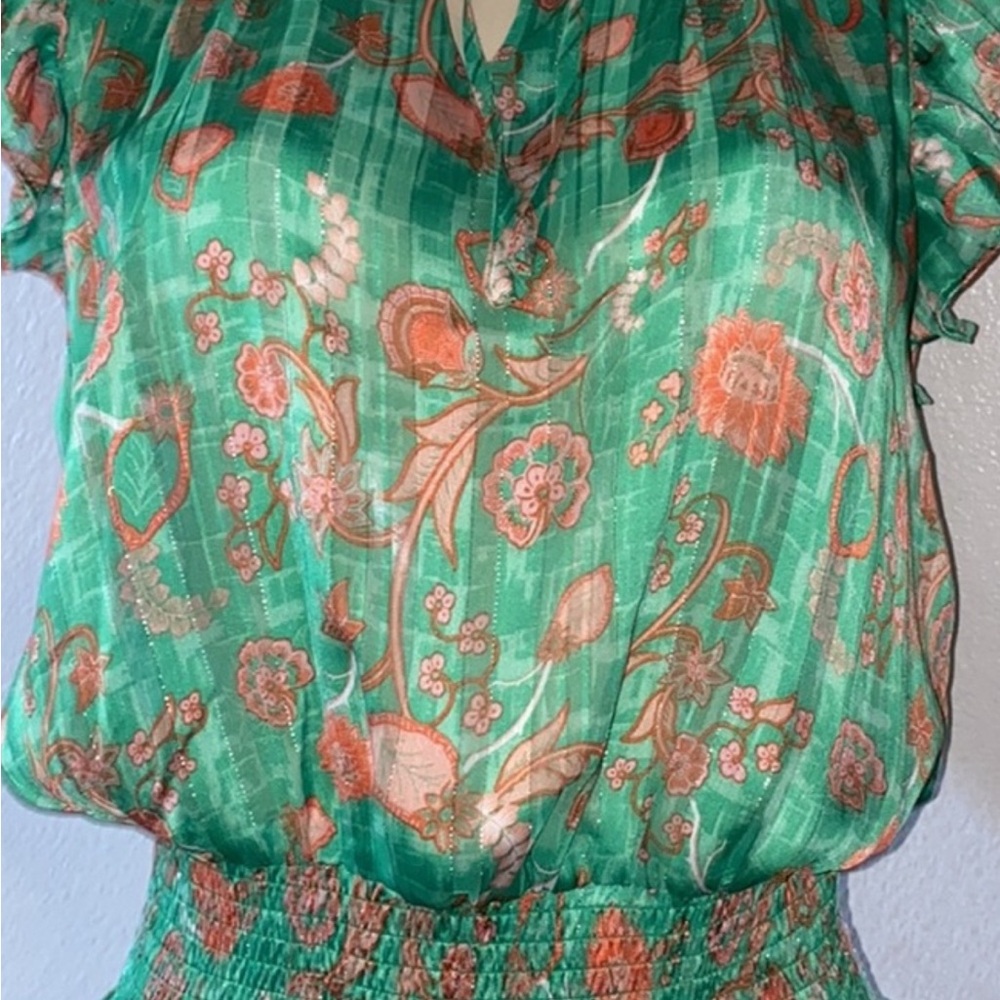 Rachel Zoe Green and Orange Ruffled Smocked Blouse